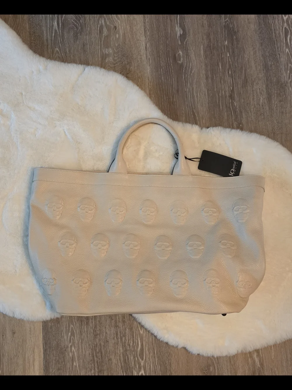 IO Pelle Embossed Skull Tote Bag in Cream NWT